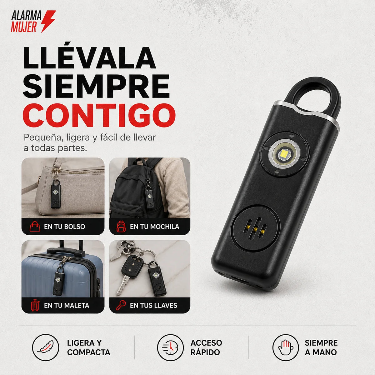ALARMA PERSONAL DE SEGURIDAD 2 EN 1 + LINTERNA LED