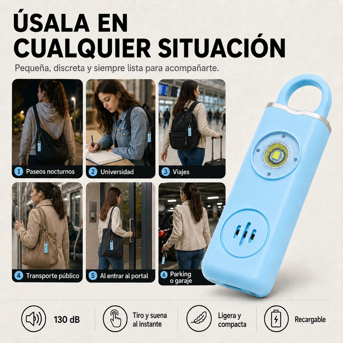 ALARMA PERSONAL DE SEGURIDAD 2 EN 1 + LINTERNA LED